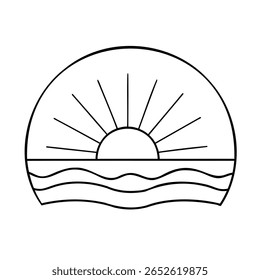 Sol desenhado à mão nascendo sobre ondas oceânicas dentro de uma moldura semicircular no pôr do sol do nascer do sol