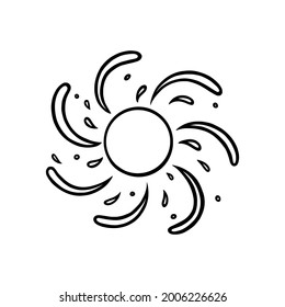 Handdrawn sun with swirling beams. Scribbled shining sun in doodle style. Black and white vector illustration isolated in white background