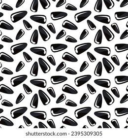 Hand-drawn sunflower seeds. Vector seamless pattern with repeating elements. Monochrome texture of black sunflower seeds