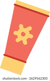 A hand-drawn sunscreen tube with a sun symbol on its front in a cartoon style. The illustration depicts a lotion container with a decorative emblem in a playful manner. Cartoon vector illustration.