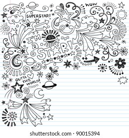 Hand-Drawn Superstar Scribble Inky Doodles- Back to School Notebook Doodle Design Elements on Lined Sketchbook Paper Vector Illustration