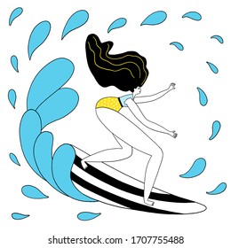 Hand-drawn . Surf girl. Unique vector hand drawn surfar. Modern stylized typography. A line art doodle style isolated on white background