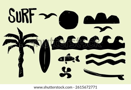Hand-drawn surf and sea icon set featuring waves, sun, fish, palm tree, surfboards, birds, propeller, and mountains. Rustic beach vibe with artistic folk style.