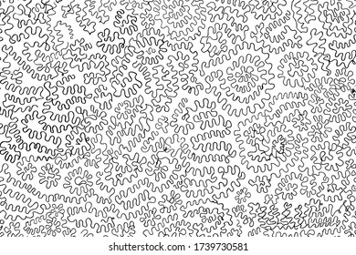 A hand-drawn surface with doodles, swirls, and zigzags. Abstract monochrome background drawn by hand. Vector illustration. The imposition template.