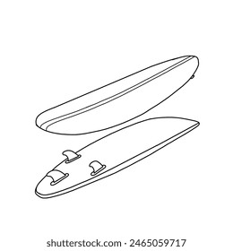 Hand-drawn surfboard, top, and bottom view isolated on a white background