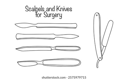 Hand-drawn surgical instruments for cutting soft tissue. A set of medical instruments used during operations by a doctor. Illustration for use in the medical field and for teaching medical students.