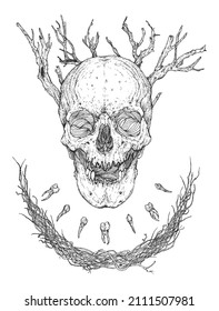 Hand-drawn surrealistic human skull with bones, branches and teeth