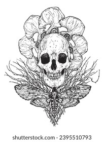 Hand-drawn surrealistic human skull with bones, branches and moth