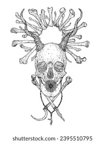 Hand-drawn surrealistic human skull with bones, horns, and flowers