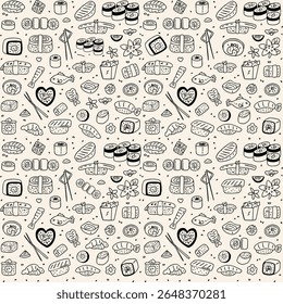 Hand-drawn sushi and Japanese food doodle pattern. Seamless background featuring sashimi, nigiri, maki, chopsticks, fish, and hearts. Perfect for food blogs, menus, and culinary designs