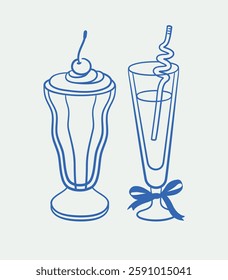 Hand-drawn sweet drinks Illustration. Line art, ink, minimalist style. Vector illustration. Party collection.