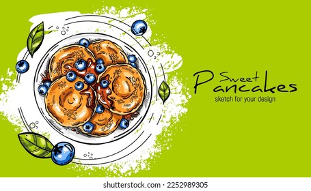 Hand-drawn sweet pancakes.  Classic pancakes with berries and leaves. Sketches for decoration of premises, menus, advertising, for prints on clothes and for design of leaflets