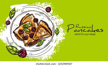 Hand-drawn sweet pancakes.  Russian pancakes (blini) with berries and leaves. Sketches for decoration of premises, menus, advertising, for prints on clothes and for design of leaflets