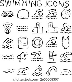 Hand-drawn swimming icon set featuring goggles, caps, swimmers, stopwatch, podium, medal, lifebuoy, and lanes. Ideal for sports designs, apps, and swim-related content.