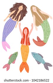 hand-drawn swimming mermaids and fishes, vector illustration on white background, isolated
