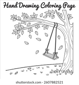 A hand-drawn swing hanging from a tree branch, surrounded by leaves and a grassy field, ideal for a peaceful and fun coloring activity for children.