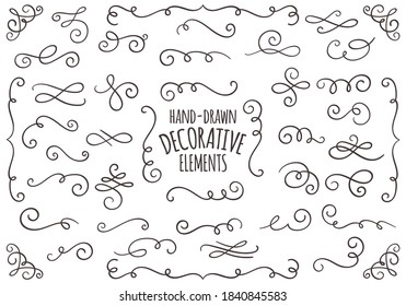 Hand-drawn swirl ornaments on white background. Cute decorative single line.