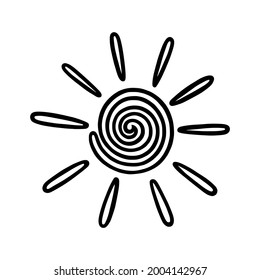 Handdrawn swirled sun with beams. Shining sun in doodle style. Black and white vector illustration isolated in white background