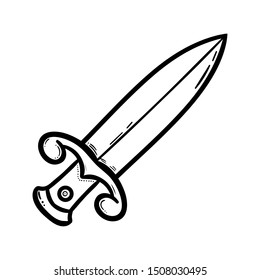 Handdrawn sword doodle icon. Hand drawn black sketch. Sign cartoon symbol. Decoration element. White background. Isolated. Flat design. Vector illustration.