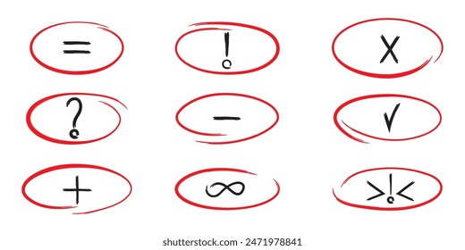 Hand-drawn symbol set: A versatile set of red and black hand-drawn symbols including mathematical signs and punctuation marks within stylish red oval frames.

