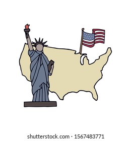 Hand-drawn symbols and map of USA. Statue of Liberty and flag of the United States of America. Vector illustration on a white background.