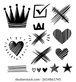 Hand-drawn symbols set crowns, check marks, hearts, crosses, and stars