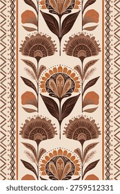 Hand-drawn symmetrical boho folk art floral pattern border on a cream background. The design features stylized flowers and leaves in warm earth tones like brown, terracotta, and burnt orange, framed by a delicate geometric tribal-inspired border. Ideal for textiles, wallpaper, and home decor