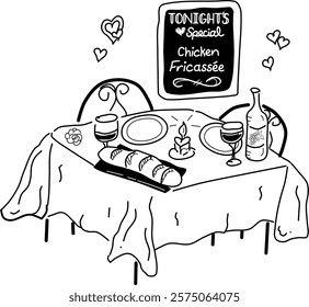 Hand-drawn table for two vector doodle. Wine glasses, bread, and candlelight. Cute, fun, romantic scene.