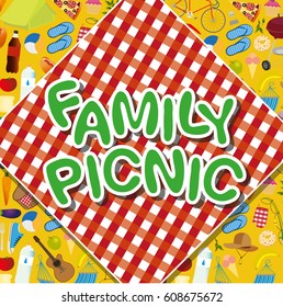 Hand-drawn tablecloth on the background of objects for a picnic