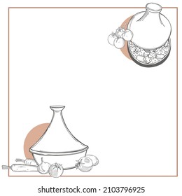 Juego de tagine dibujado a mano. Fondo vectorial. Ilustración de esbozo 