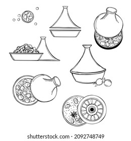 Hand-drawn tagine set. Vector sketch illustration 