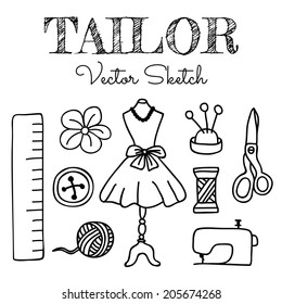 Hand-drawn Tailor Elements Isolated on White Background. Vector Illustration for Your Designs
