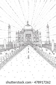 Taj Mahal, dibujado a mano, con patrones de doodle étnicos. Zendala, diseño para meditación, ilustración vectorial, aislado en un fondo con motivos claros. Doodles Zen. Colores para adultos.
