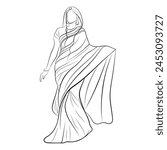Hand-drawn tall lady, An illustration of Indian woman, A beautiful lady standing on ramp