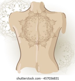 Hand-drawn tattoo of mandala with lotuses on her back. Can be used for backgrounds, business style, tattoo templates, cards design or else. Vector illustration.