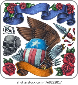 Hand-drawn tattoo set of american symbols.