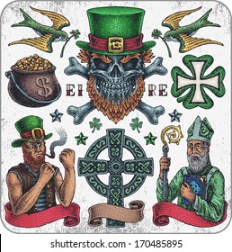 Hand-drawn tattoo set of irish traditional Saint Patrick's Day symbols.