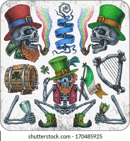 Hand-drawn tattoo set of irish traditional Saint Patrick's Day symbols.