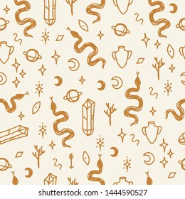 Handdrawn tattoo sketches seamless pattern. Crystals, snakes and cacti plants. Eye of Providence. Moon goddess symbol. Astrology, alchemy, boho and magical symbols. Vector illustration.