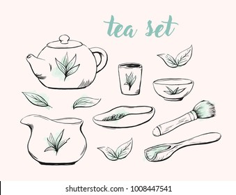 Handdrawn tea ceremony supplies vector teawear teapot, cups, brush, chahe, chahai, chachi