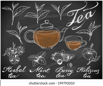 Hand-drawn tea collection on chalkboard