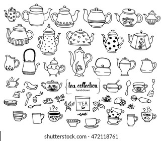 Hand-drawn tea doodle collection. Vector doodle set with teapots, glass, decoration, cup, sugar, lemon and tea