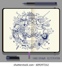 Hand-Drawn Tea Doodle Collection. Vector Cookbook, Notebooks with Blue Fine Liner Pen. Exclusive Tea Illustration.