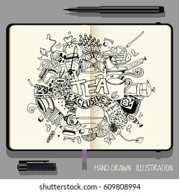 Hand-Drawn Tea Doodle Collection. Vector Cookbook, Notebooks with Black Fine Liner Pen. Exclusive Tea Illustration.