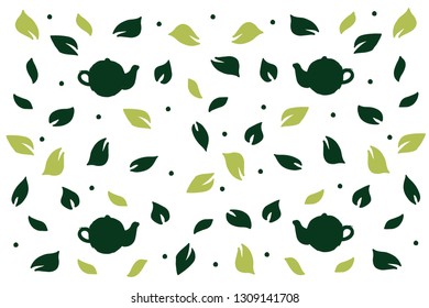 Handdrawn  tea leaves and  green kettles pattern.  Packaging design. Logotype, icon, badge, label. For restaurant poster, signboard, menu. Vector illustration. 