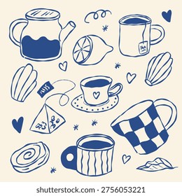 Handdrawn tea set, cozy and inviting. Blue ink outlines cups, teapot, lemon, and pastries. Heart shapes add warmth and charm. Ideal for cafe, tea room, or relaxation themes