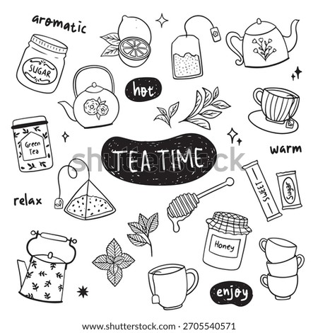 Hand-Drawn Tea Time Doodle Set - Cute Tea, Cups, Herbs, Relax Icons