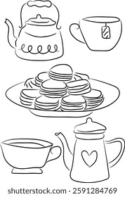 Hand-Drawn Tea Time Doodle Vector with Teapots and Sweets