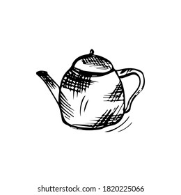 Tetera dibujada a mano para el café y el té.
Ilustración vectorial en un estilo gráfico.