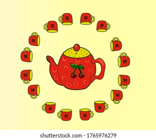A hand-drawn teapot for tea of bright orange color with cherries on a light yellow background. Vector background in the kitchen style for the design of the packaging of the cook and textiles.